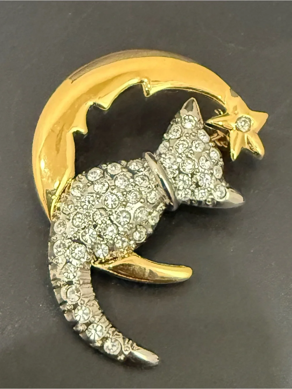 Vintage Unsigned Pave Crystal Cat Perched on Crescent Moon Brooch